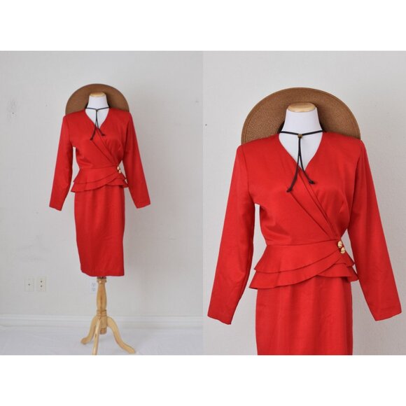 Vintage 80s Red Peplum Poly/Rayon dress by  Melissa‎ | size 8 - Picture 1 of 10